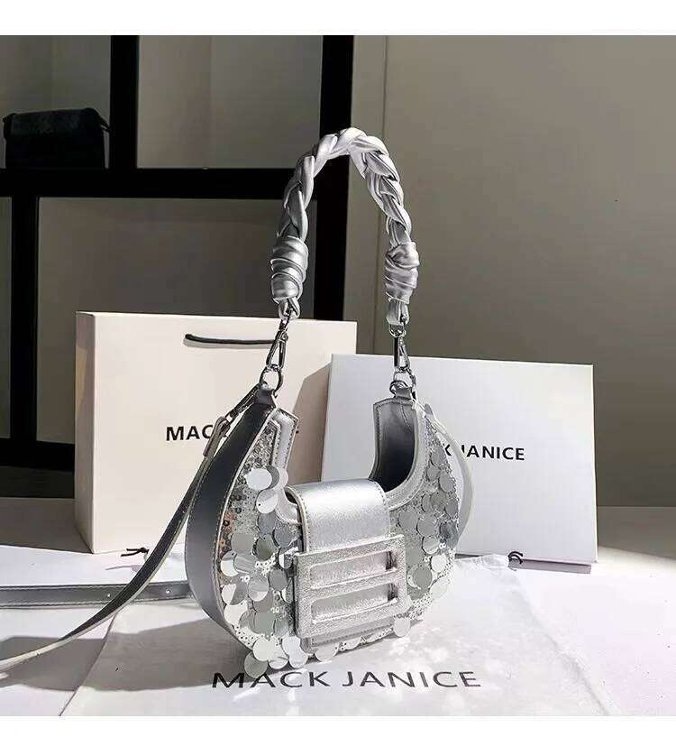 Glitter Shiny Sequins Moon Women Handbag Textured Leather Shoulder Messenger Bling Evening Bag Lady Clutch Purse