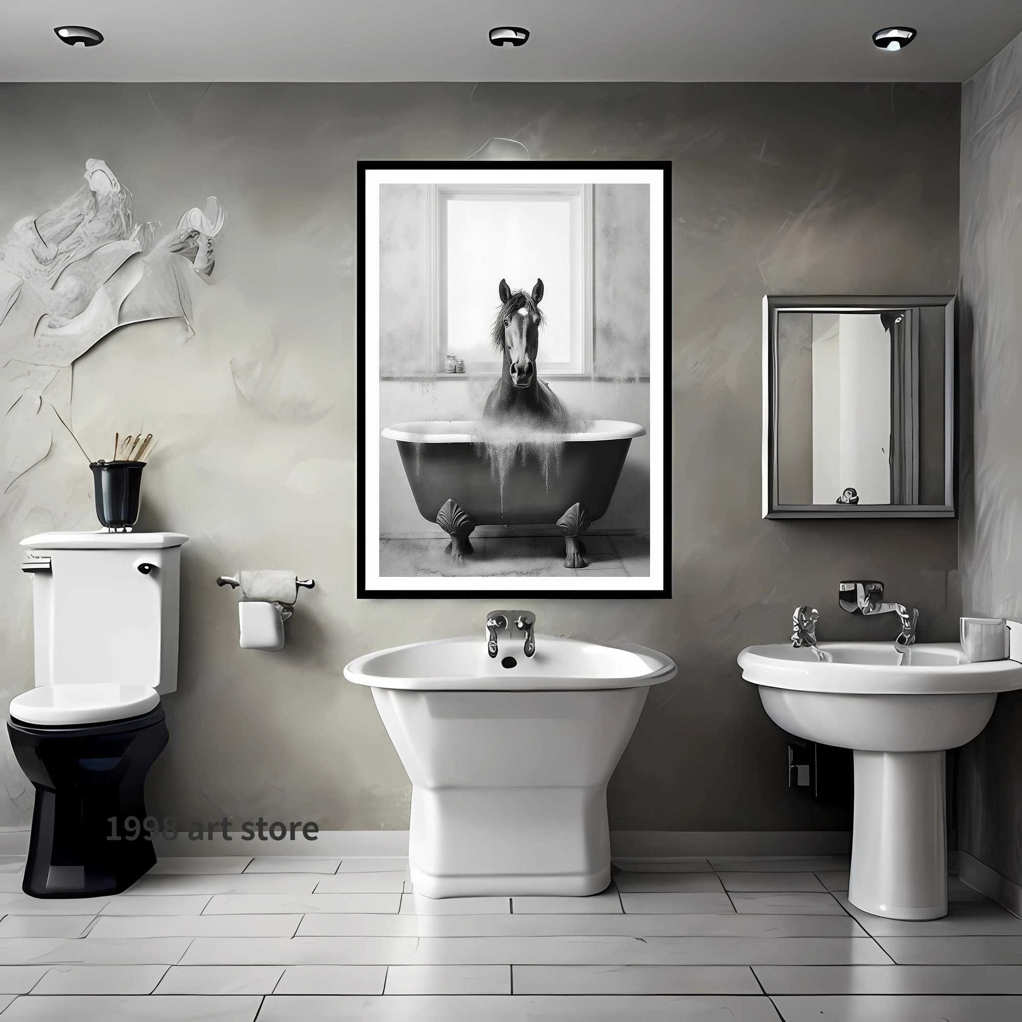 Animal Funny Cute Lion Dog in Bathtub Bathroom Art Poster Canvas Painting Wall Print Picture for Living Room Home DecorT250603