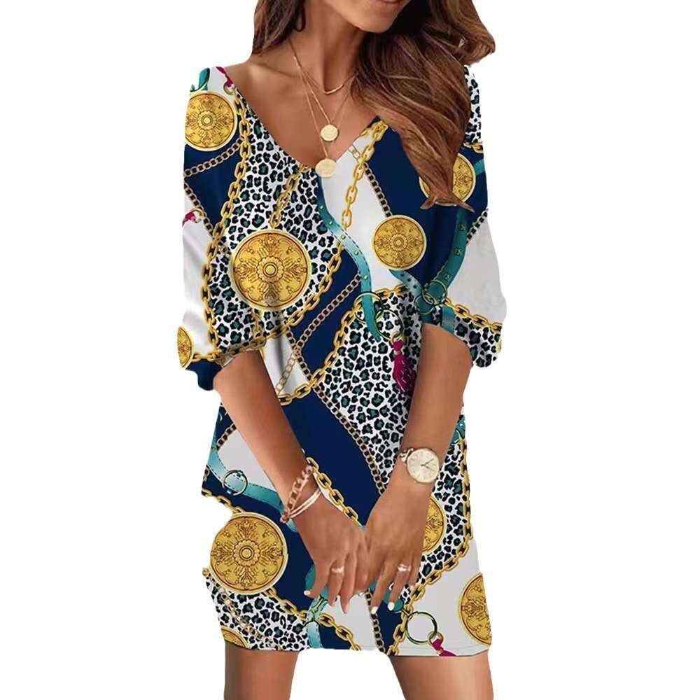 New Casual Loose V-Neck Printed Mid-Sleeve Women's Dress B5