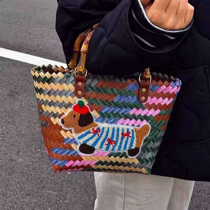 Niche Retro Cute Dachshund Woven Fashionable Bamboo Basket 2025 New Casual Hand-held Tote Girls Gift Women's Bag