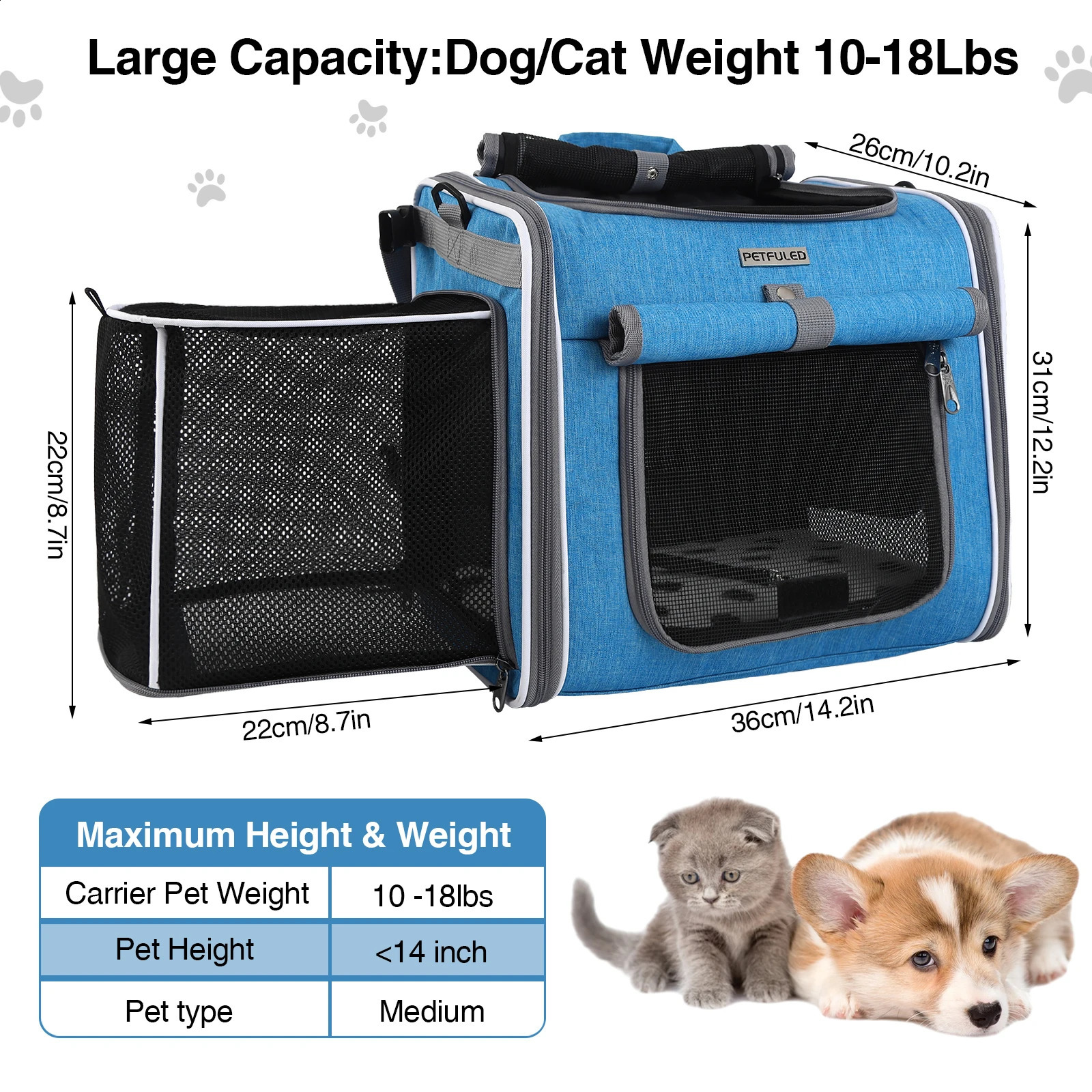 PETFULED Dog or Cat Bike Basket Blue Expandable Soft Sided Pet Backpack with 4 Open Doors Foldable Dog Bike 250526