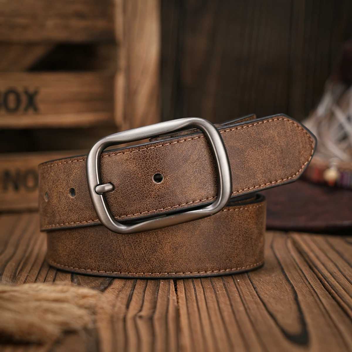Men - Women - Western Denim - PU Leather - Belt - Vintage Jeans with Carved Buckle Brown Belt XJ250602