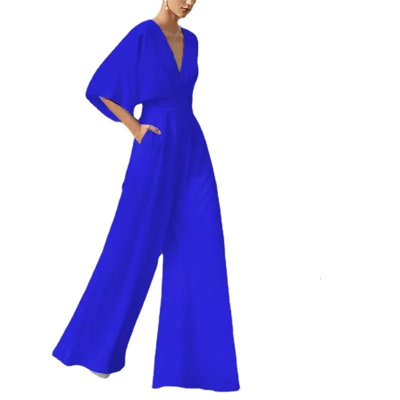 Spring Summer Solid Color Fashion Jumpsuit Slant Mid-Waist Jumpsuits Playsuits Pants V Neck Half Sleeve 250603