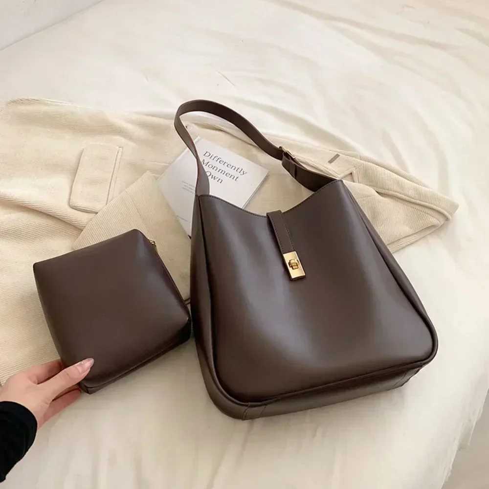 Vintage 2 PCS/SET Simple Solid Color Shoulder Bags for Women 2024 Leather Handbags and Purses Lady Designer Underarm Bag Bags W250602
