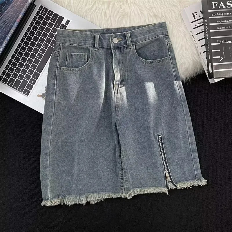 Summer Side Zipper Baggy Jorts For Men Ripped Straight Wide Leg Denim Shorts Hip Hop Fashion Y2K Streetwear Bermuda Jeans 250528
