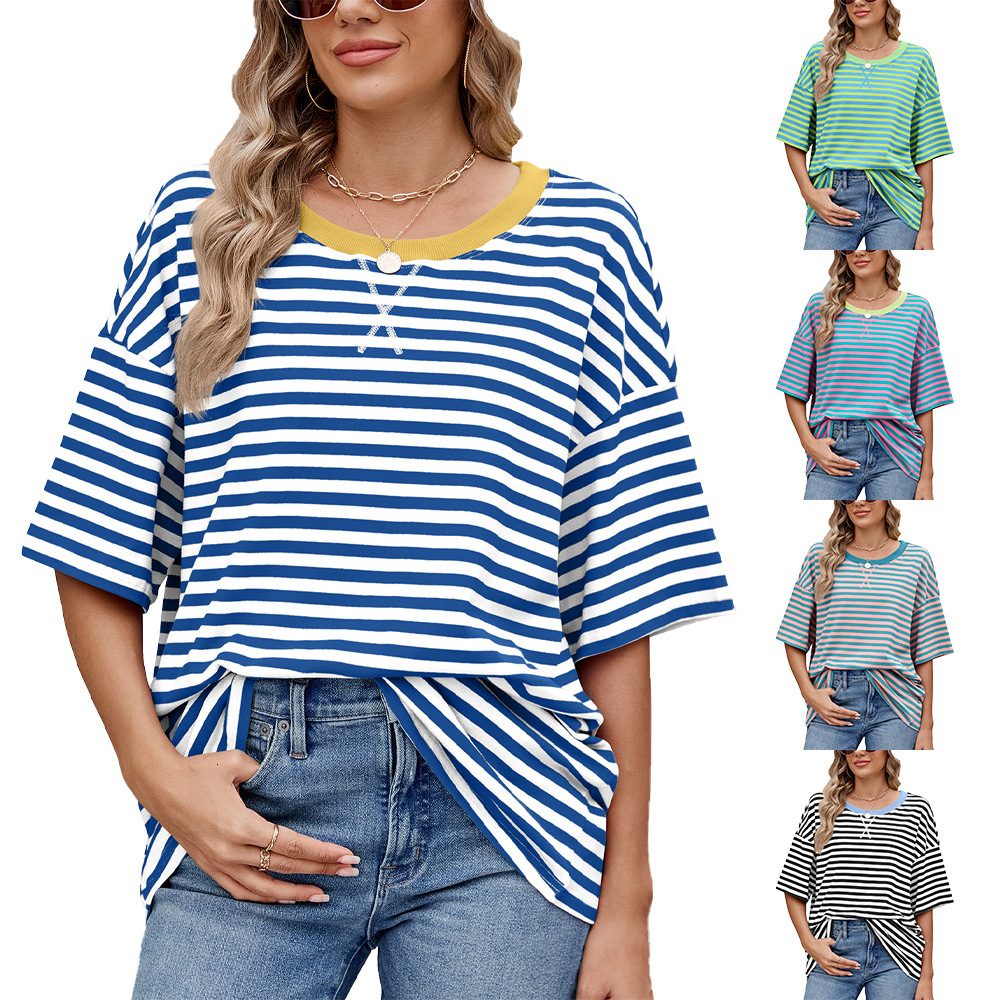 Luxury Designer Clothing, Fashionable Striped Color Block Loose Short Sleeved Women's T-shirt Top In Stock 2025 New Designer Short Sleeved Shirt