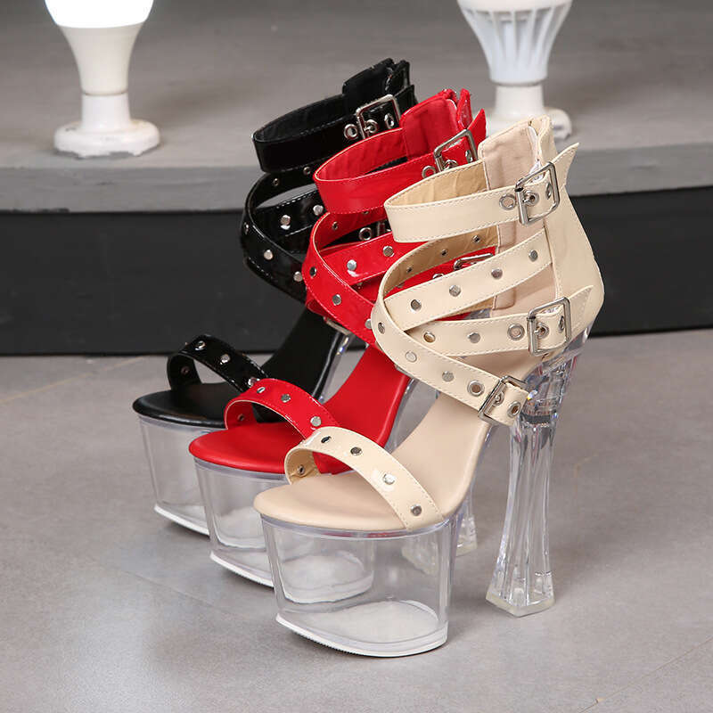 Super High Heels Rivet Back Strap Roman Sandals Transparent High 17Cm Chunky Heel Summer Thick Sole Waterproof Platform Platform High Heels