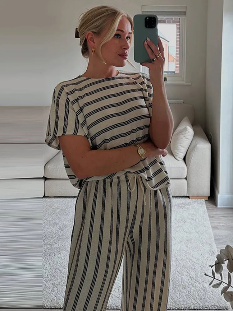 Casual Striped Pants Sets Women 2 Pieces O-neck Short Sleeve Jumper Drawstring Trousers Suits Summer Lady Loose Outfits 250603