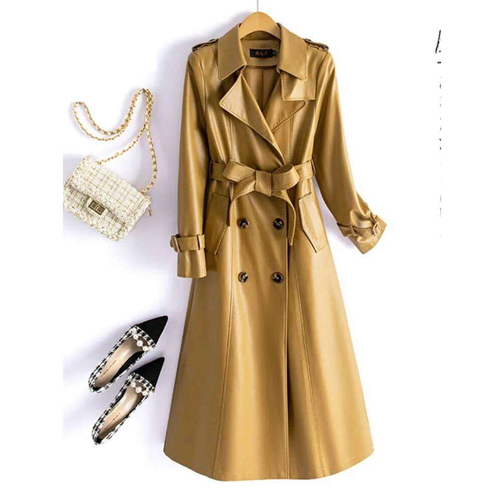 Chic Ladies Double-breasted Lace-up Belt Genuine Leather Trench Coats 2024 Fall Winter Mid Length Women Real Sheepskin Outwear