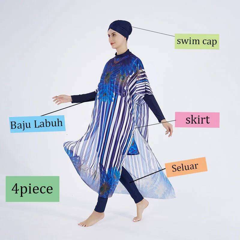 4 Pcs Women's Muslim Swimwear Digital Printed Lslamic Clothes Hijab Long Sleeves Sport Swimsuit Burkinis Wear Bathing Suit 4Xl