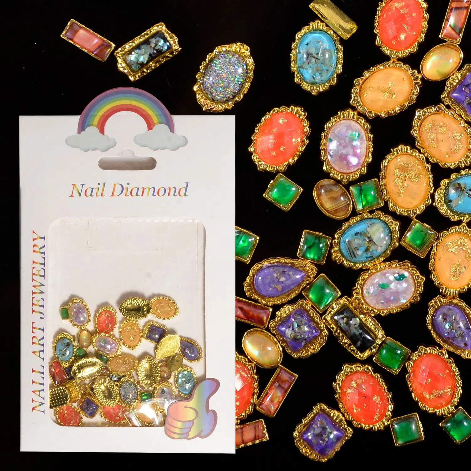 50pcs Style Alloy Turquoise Inlaid Nail Jewelry Rectangle Round Triangle Shaped Metal Rimmed Nail Gems for Nail Art charms 250528