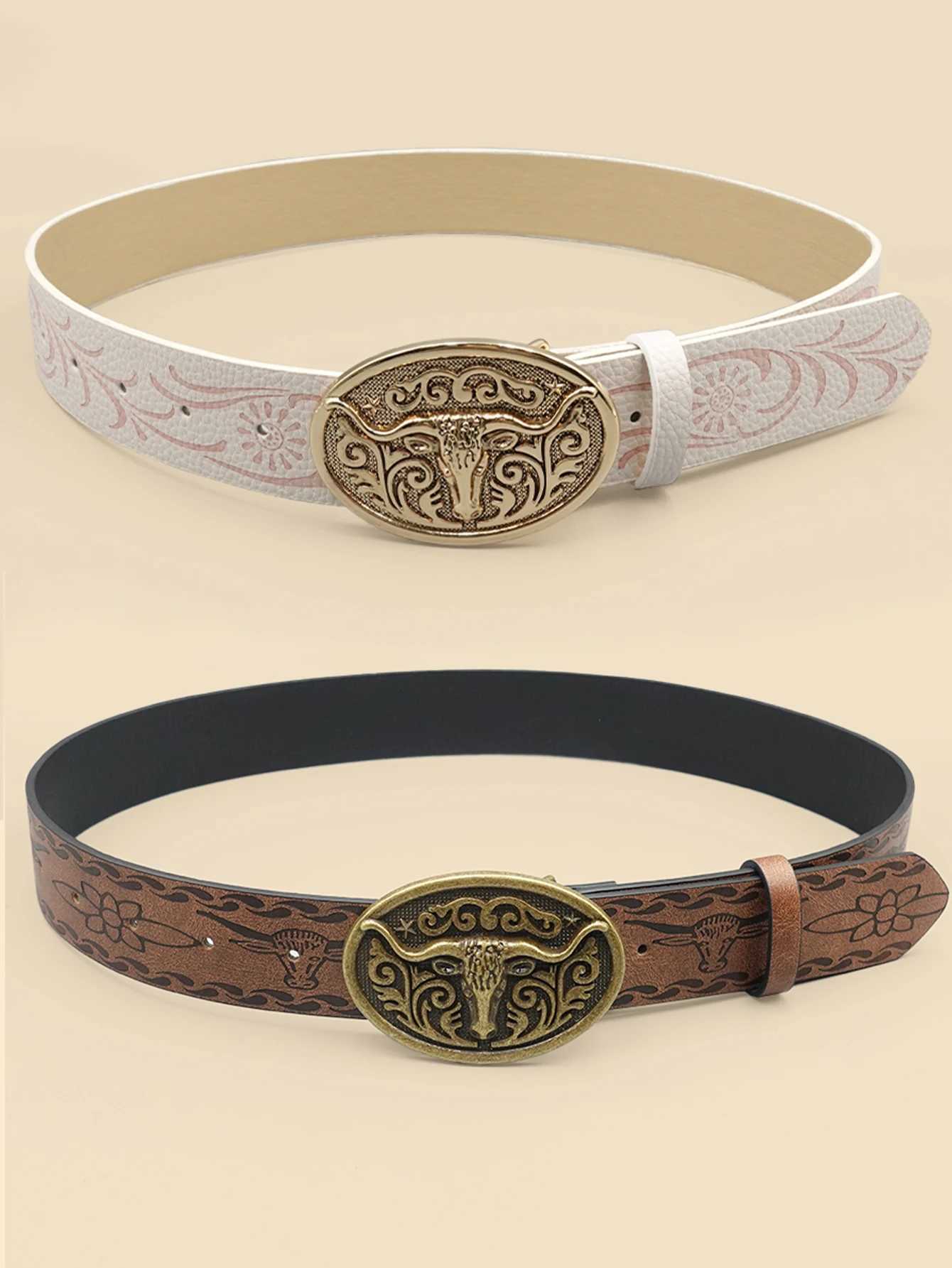 Western Cowboy Style Vintage Casual Belt - Ox Head Carved Buckle Bohemian Print Perfect for Daily Commute Dating Outfits XJ250602
