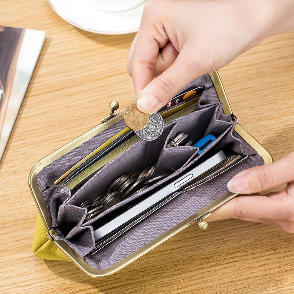 2024New Clutch Purses For Women Genuine Cow Leather Coin Purse Card Holder Fashion Casual Kiss Lock Phone Wallet Party Bag