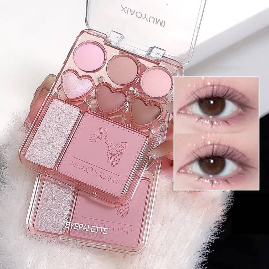 Heart-shaped 8-color eyeshadow tray with blush highlight matte, glitter, high-gloss effect - pink, berry, brown, tone
