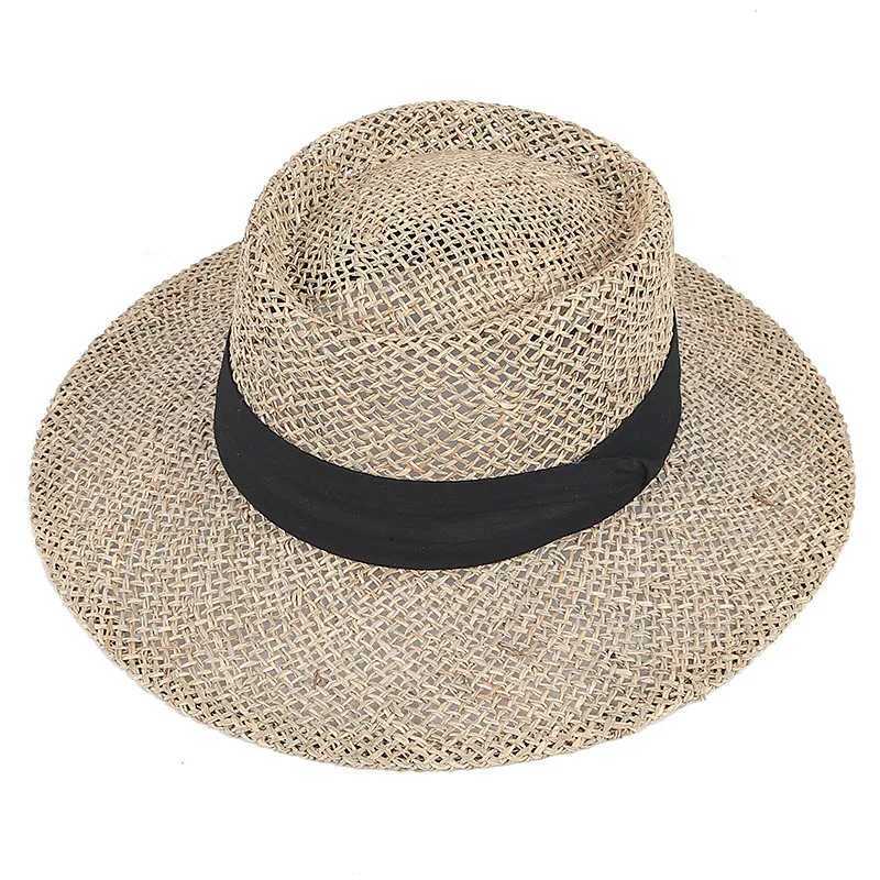 100% Natural Grasses Straw Hat Women 2025 Summer Wide Brim Travel Beach Sun Hat Black Ribbon Protection Visor Cap Panama Sunhat W250602