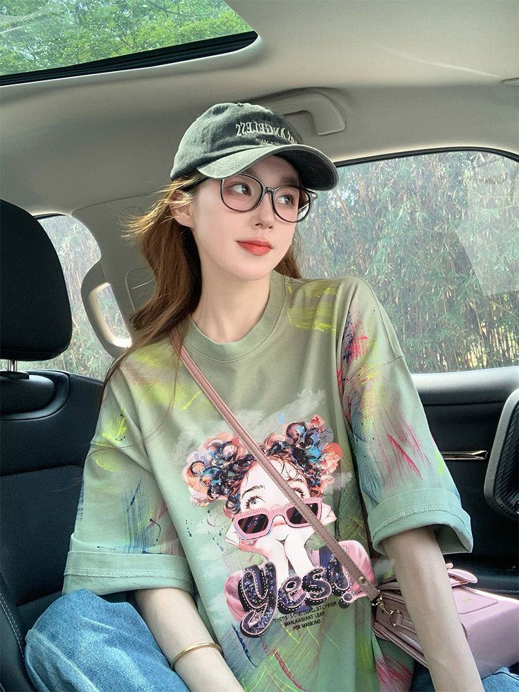 2025 Summer New Women's T-shirt Unique and Interesting Graffiti Printed Loose Cotton Women's T-shirt Fashion Inkjet Designer Medium length S