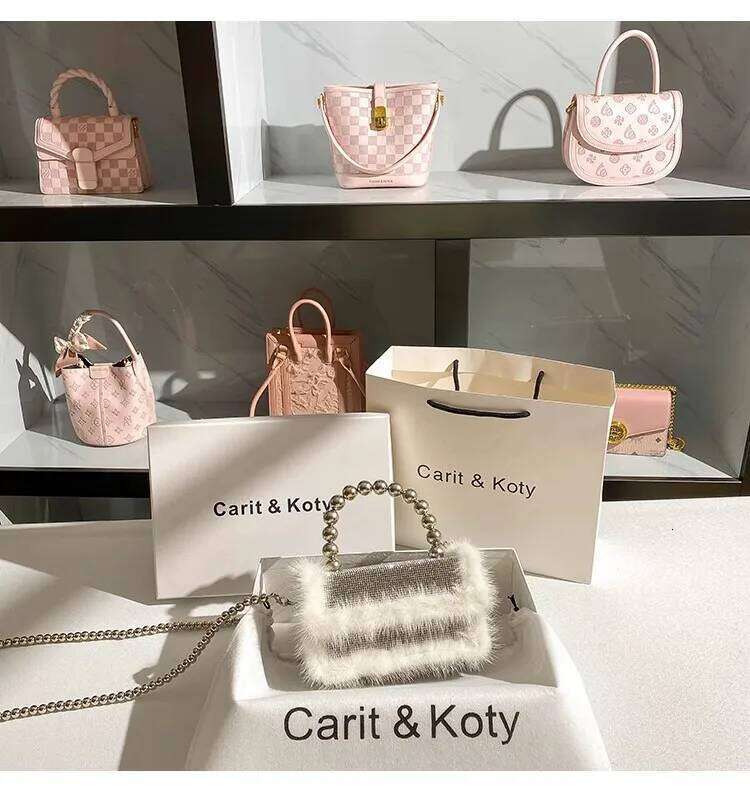 Autumn Mink Hair Square Glitter Shiny Dias Evening Wedding Party Clutch Purse Women's Handbag Shoulder Crossbody Bag