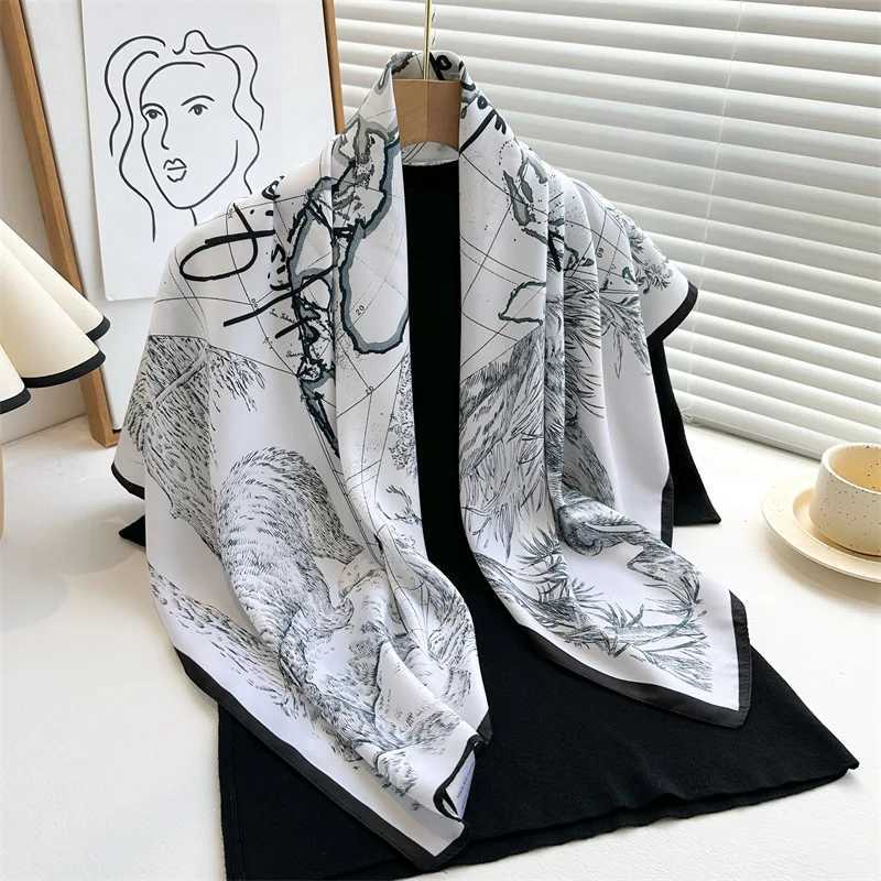 Spring Summer Luxury Design Women 90X90cm Square Silk Scarf Landscape Print Hijab Foulard Ribbon Wrap Hairband Headband Mom Gift W250602