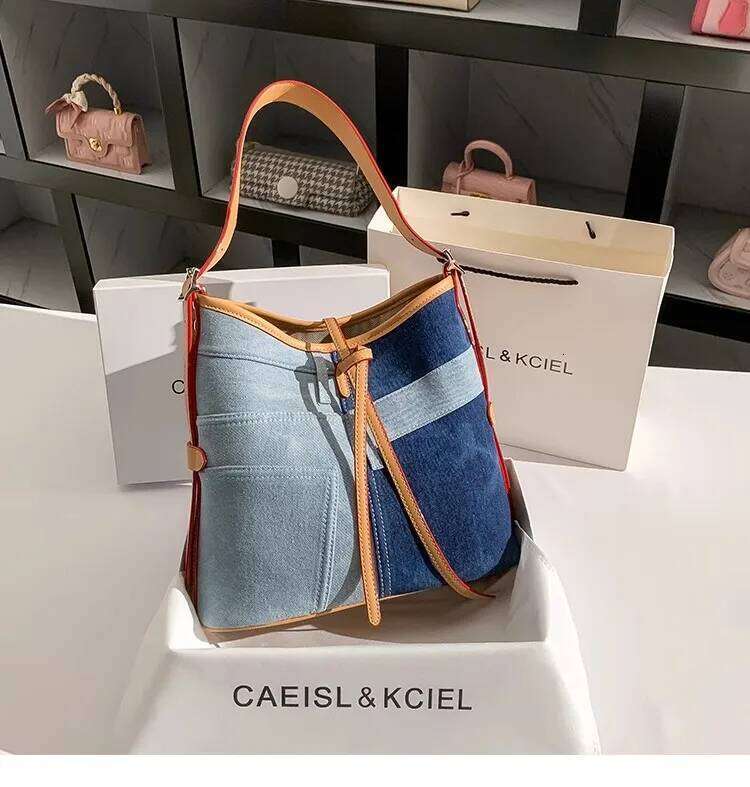High Quality Women Handbag Fashion Bule Denim Bucket Large Capacity Casual Tote Lady Purse Female Shoulder Underarm Bag