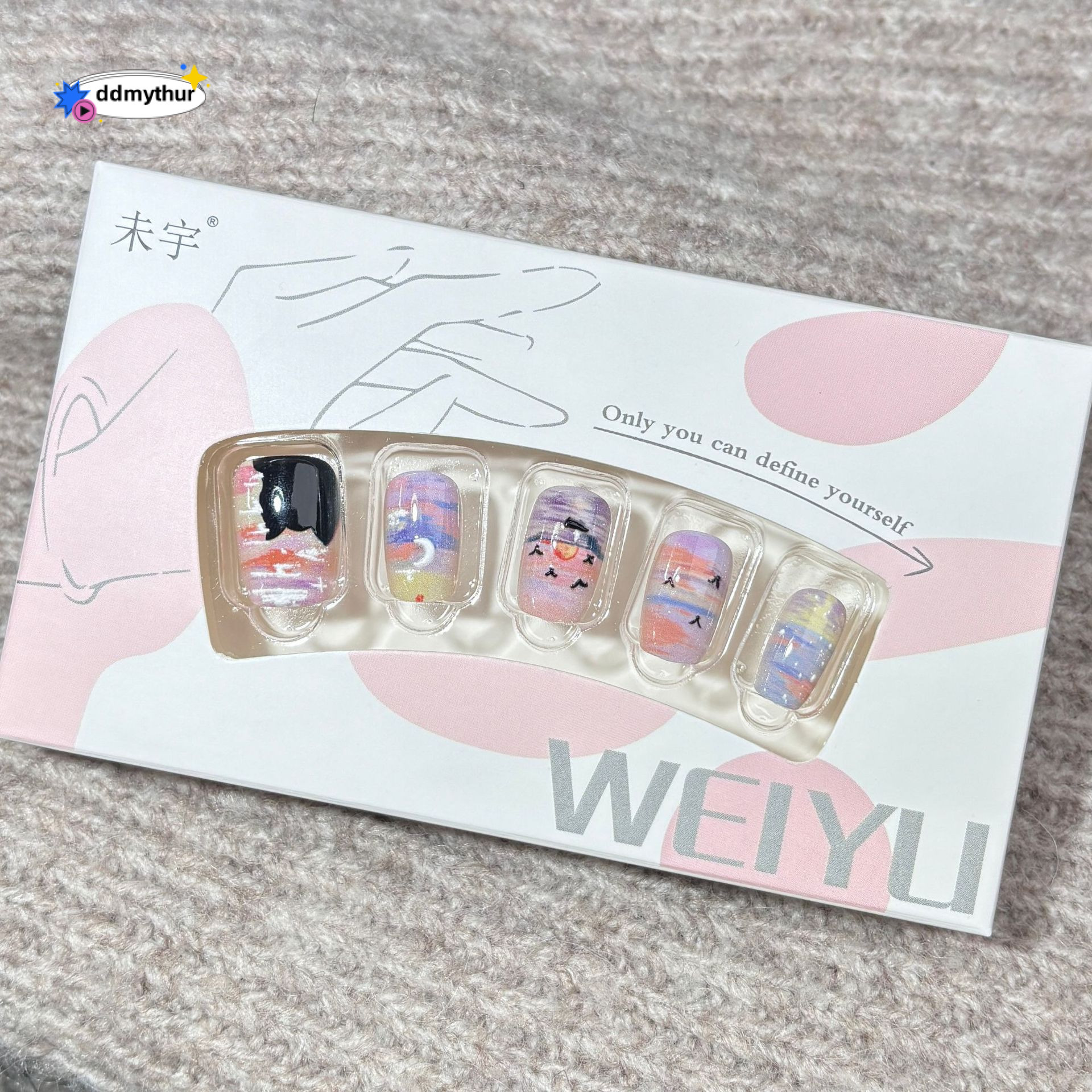 Sunset Beach Oil Painting Cat Wearing Nails Art Monet Style Purple Gradient Niche Nail Stickers ddmythur