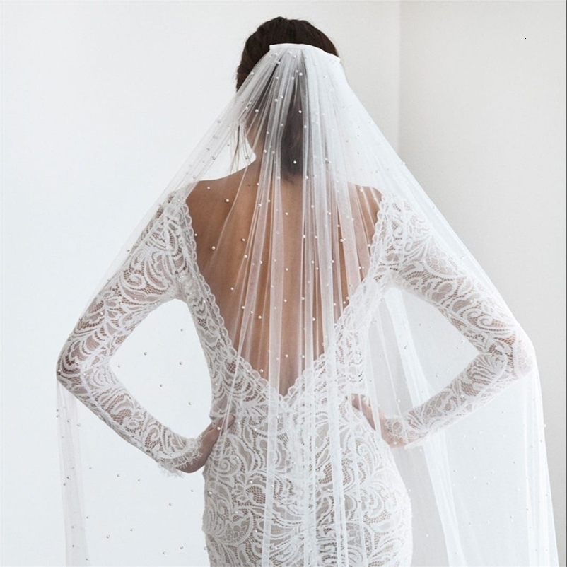 Pearls Bridal Veil Soft 1 Tier Beaded Wedding Veil for Bride Cathedral Length with Comb Wedding Accessories 250530