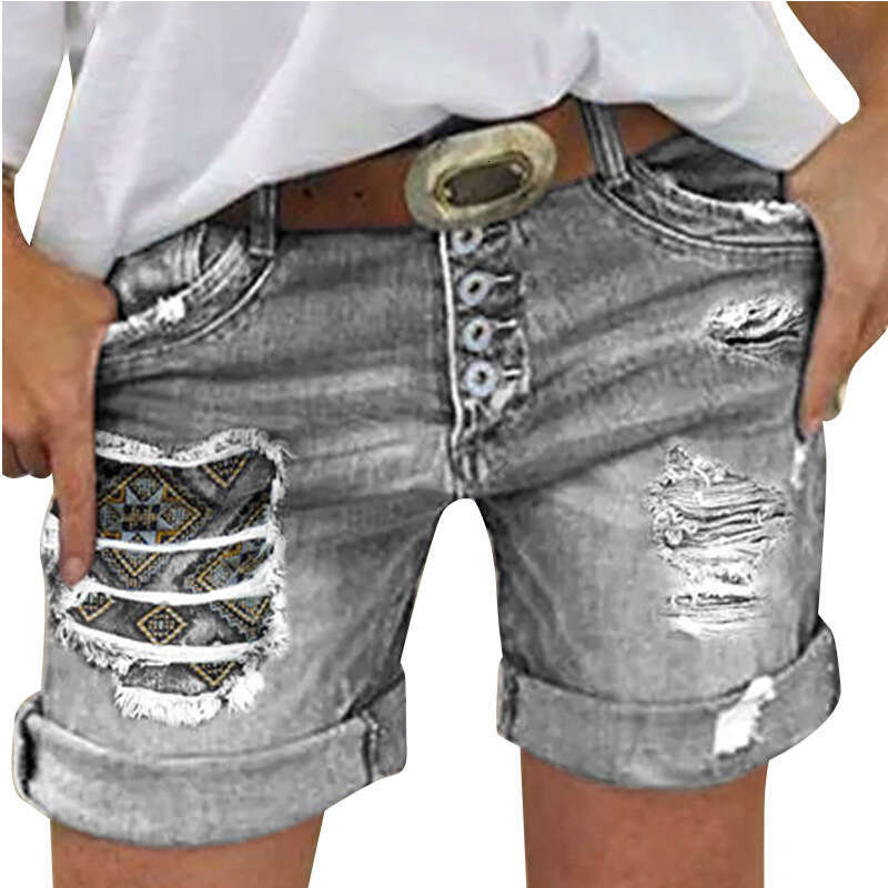 Slim Fit Single-Breasted Ruffled Pocket Rolled Hem Straight Casual Denim Shorts B5