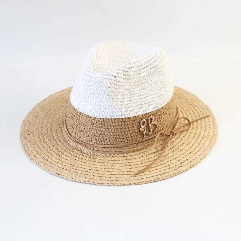 Summer Lafite Grass Spliced Fashion Sunshade Straw Hat Womens Wide Brim Jazz Beach Hat Holiday UV Protection Sunscreen Sun Hat W250602