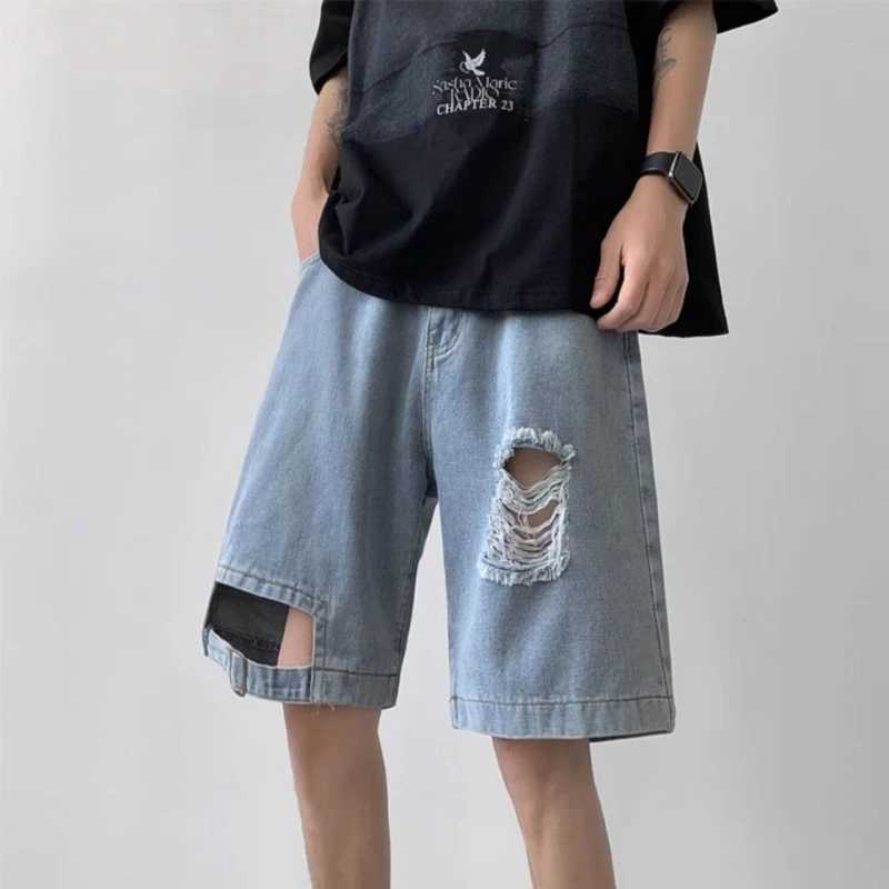 Baggy Male Denim Shorts Half Retro Blue Ripped Mens Short Jeans Pants Harajuku Popular Vintage Summer Buttons XL Emo Thin Jorts T250603