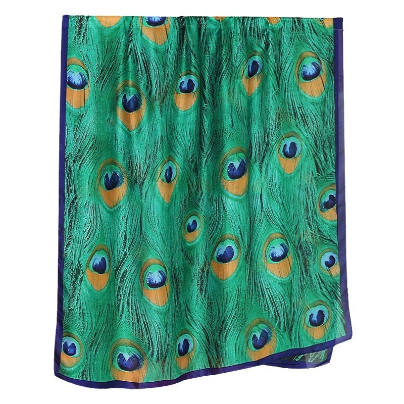 Peacock Feather Long Imitation Silk Women Spring Autumn Versatile Large Square Brocade Scarf Beach Sun Protection Shawl
