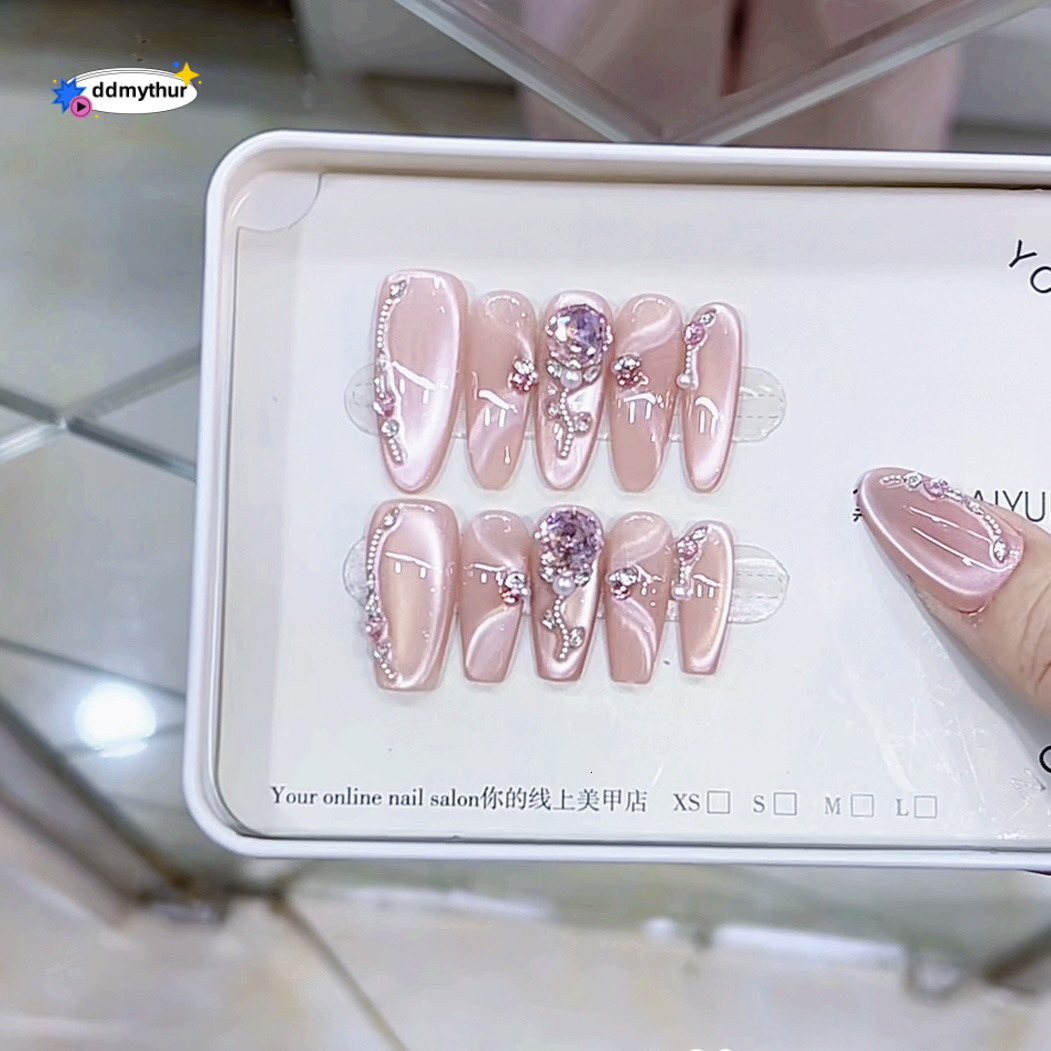 Nai Zi Handmade Wearable Nails Rose Church 3D Pink Dia Chasing Light Cat Eye High-end Pure Desire Temperament Nail Stickers ddmythur