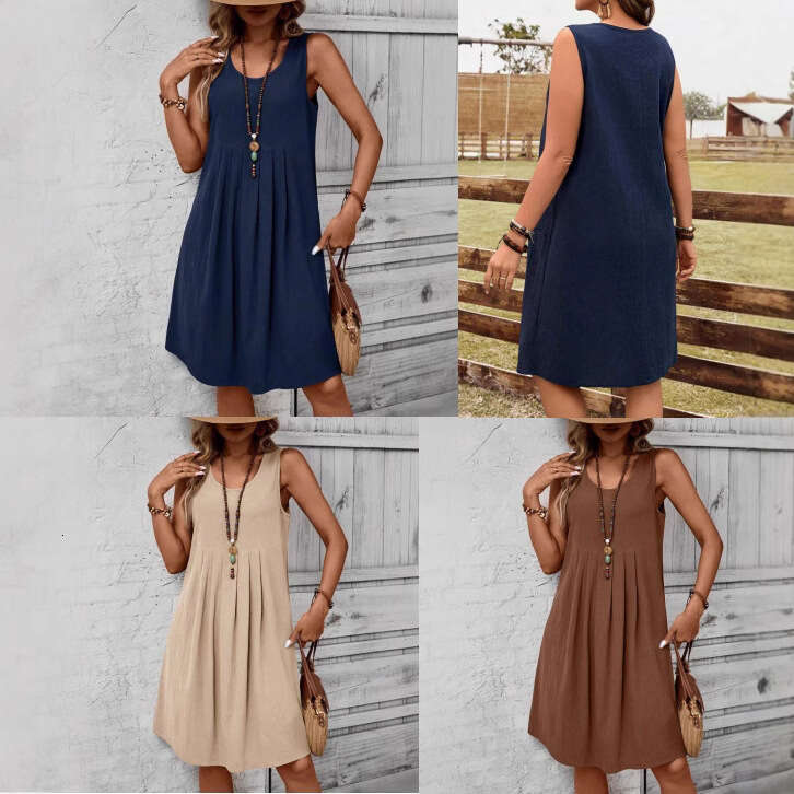 Spring Summer New Temu Sleeveless Round Neck Casual Solid Color Cotton Linen Women's Dress B5