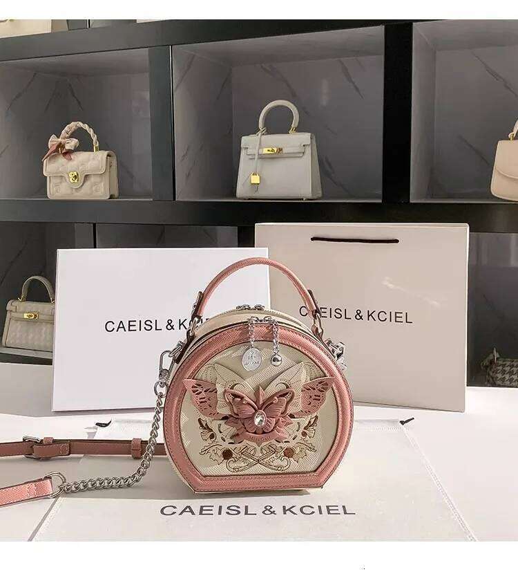 Fashion Pink Butterfly Circular High Quality Textured Leather Women Handbag Clutch Purse Shoulder Messenger Bag