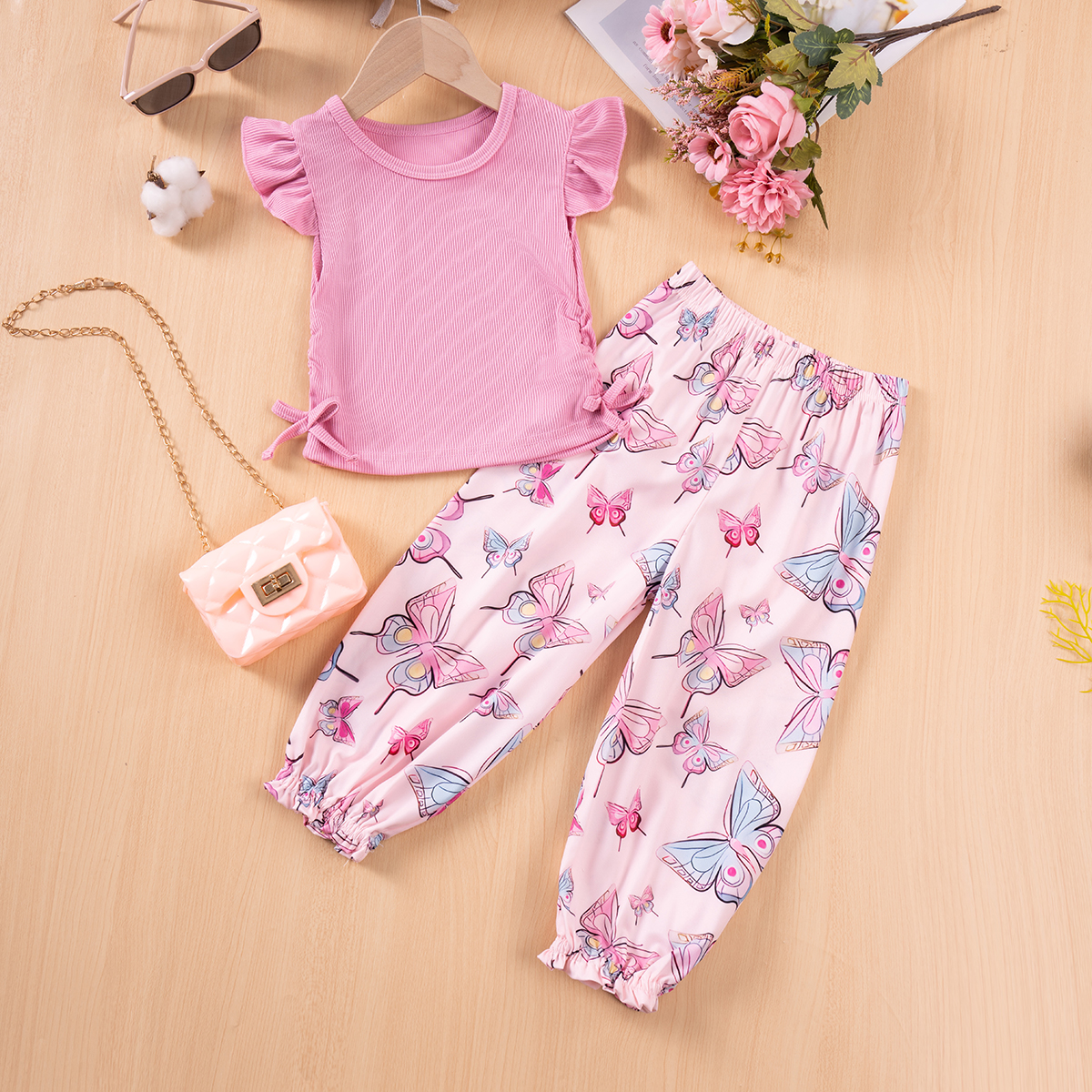 Baby Girl Summer Set with New Fashionable Solid Color Top and Printed Pants 2-piece Set, designed for girls, suitable for daily wear and outdoor activ