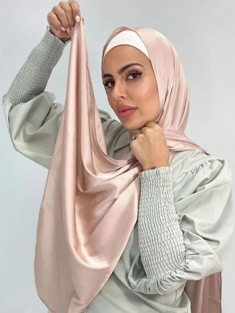 Silk Satin Hijab Scarf Muslim Women Veil Headwraps Shawls Islam Media Silk Headscarves Muslim Fashion Islam Clothing Ramadan 250530