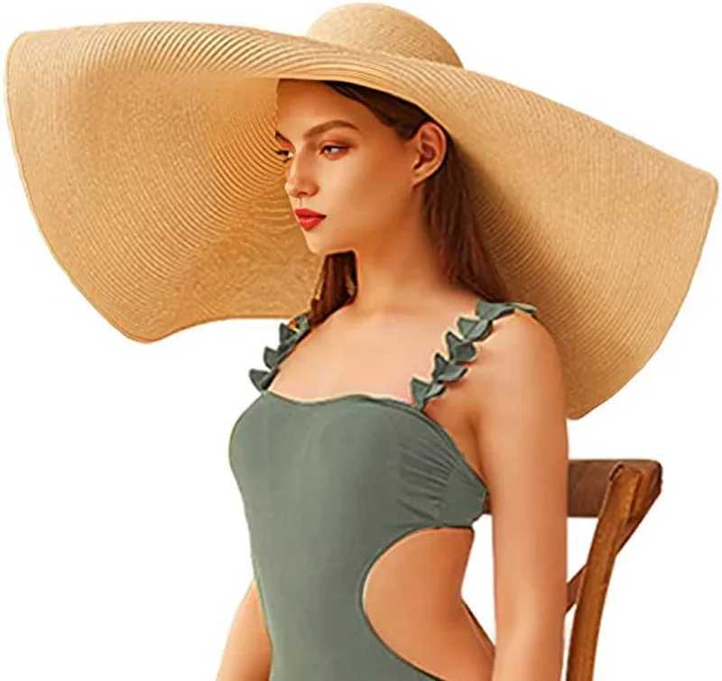 Oversized 70cm Beach Straw Hat for Women Fashion Large Wide Brim Visor Hats Handmade Roll Up Floppy Sun Hat for Summer Beach Cap W250602