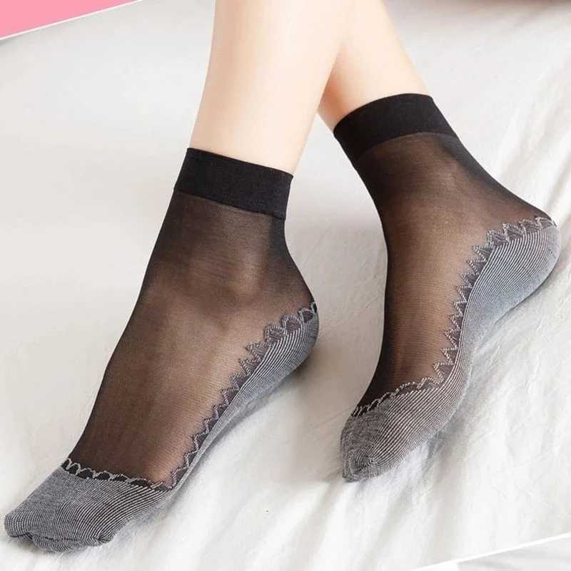 20pcs=10 Pairs Spring Summer Women Soft Socks Thin Silk Socks Non-Slip Bottom Splice Fashion Transparent Ladies Breathable SockT250602
