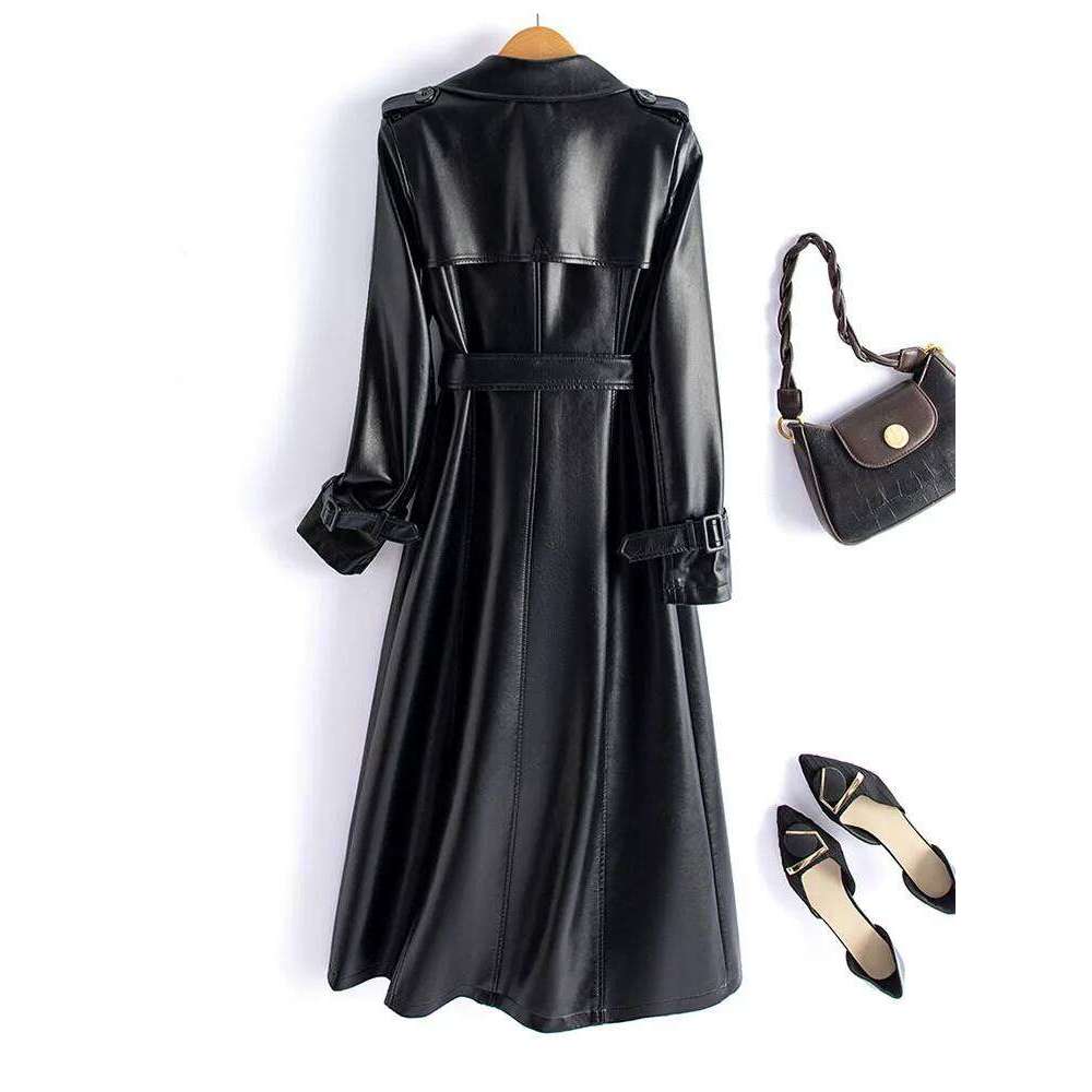 Chic Ladies Double-breasted Lace-up Belt Genuine Leather Trench Coats 2024 Fall Winter Mid Length Women Real Sheepskin Outwear