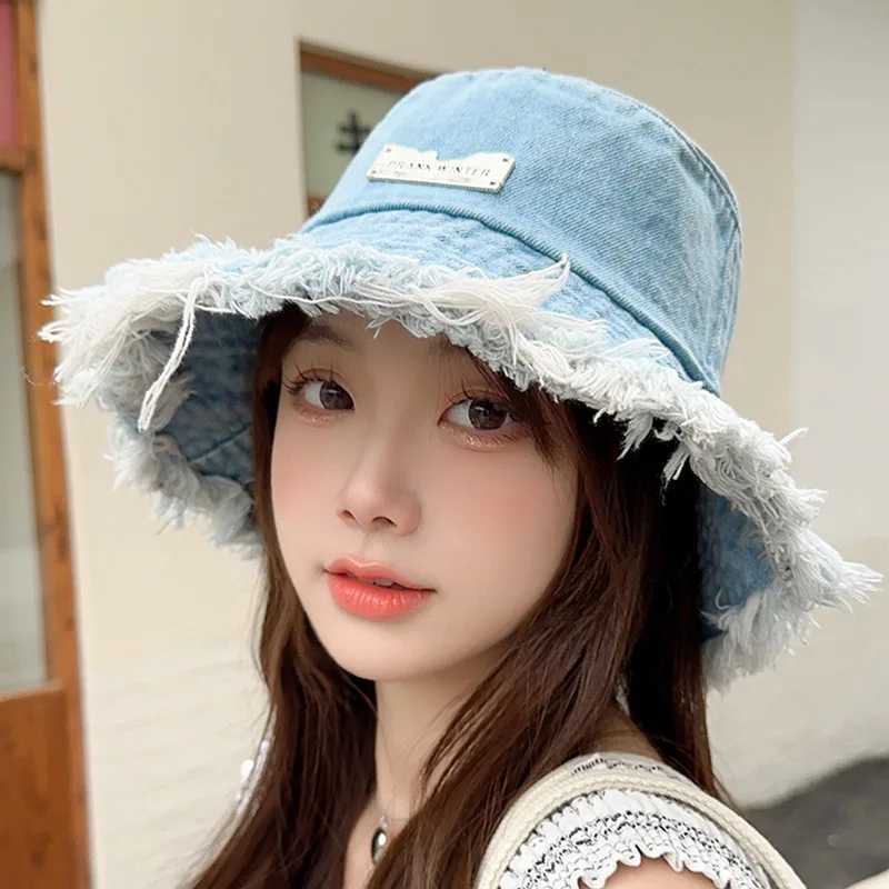 Unisex Tassel Distressed Denim Bucket Hats for Women Wide Brim Foldable Panama Cap Perfect for Outdoor Beach Fishermans Hat W250602