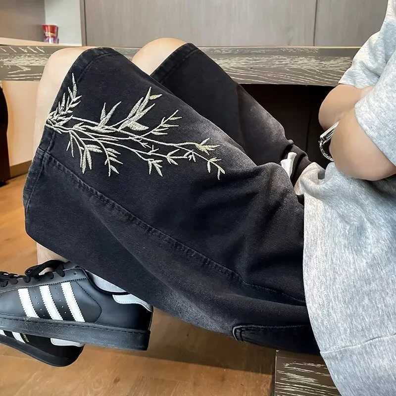 Summer Y2K Baggy Denim Shorts Men New Bamboo Embroidered Short Jeans Pants Vintage Harajuku Hip Hop Streetwear Wide Leg Bermuda T250603