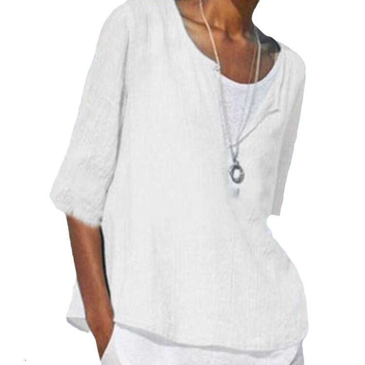 Spring Summer V-Neck Solid Color Cotton Linen Plus Size Mid-Sleeve Women's Shirt B5