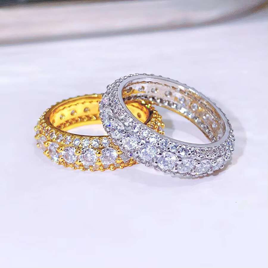 FOXI Luxurious Hip Hop Mens Moissanite Ring Bling Gold Plated 925 Sterling Silver Moissanite Diamond Eternity Band Ring