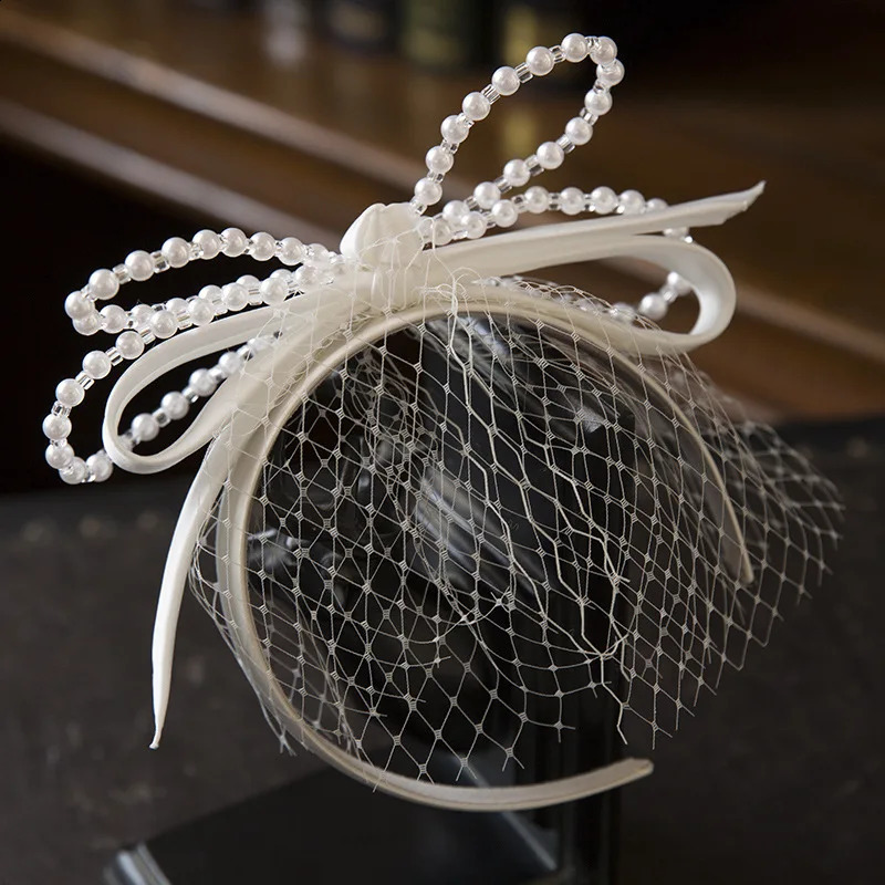 White bridal hairband Mesh Satin Bow Headband Vintage Fairy Bridal Wedding hair Accessory 250530