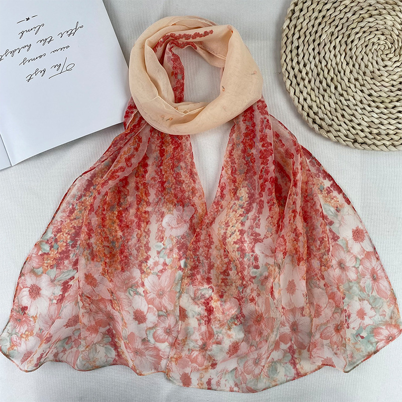 K916 New Georgette scarf fashionable red floral print autumn and winter warm shawl thin style