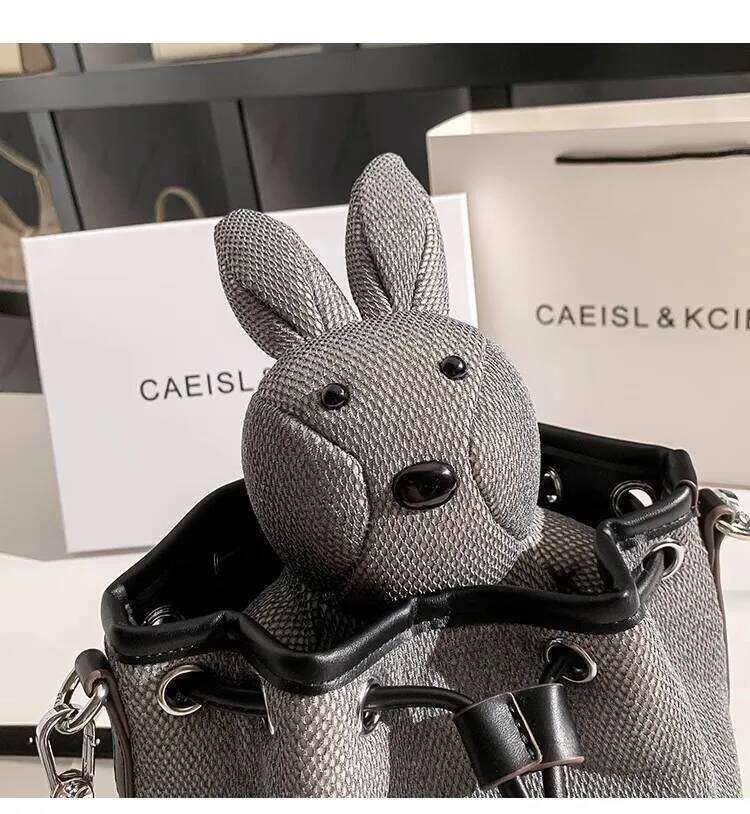 High Quality Fashion Solid Color Canvas String Bucket Cute Rabbit Doll Women Handbag Lady Purse Shoulder Messenger Bag