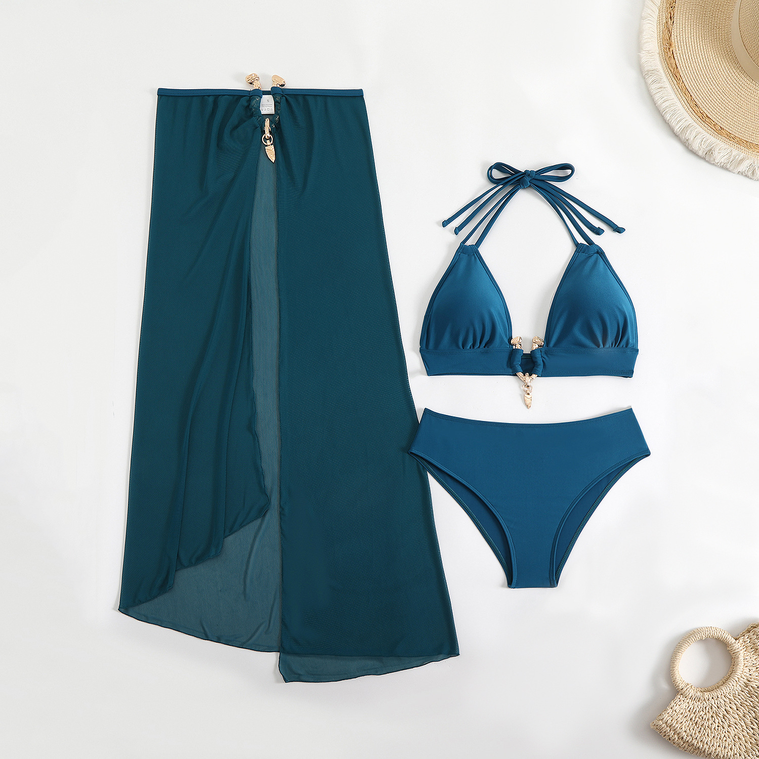 Outdoor Summer Beach Sexy Womenfree Shipping 2025 New Designer Shoes 2025 New Three Piece Solid Color Metal Buckle Long Yarn Women's Split Bikini