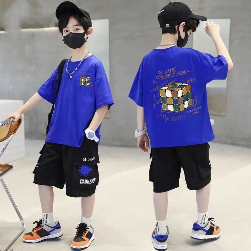 Korean Childrens Clothes 2025 Rubik Cube Graphic T Shirts Boys Summer 100% Cotton Short-sleeved T-shirt Tops Kids Clothes 7-13Y T250603