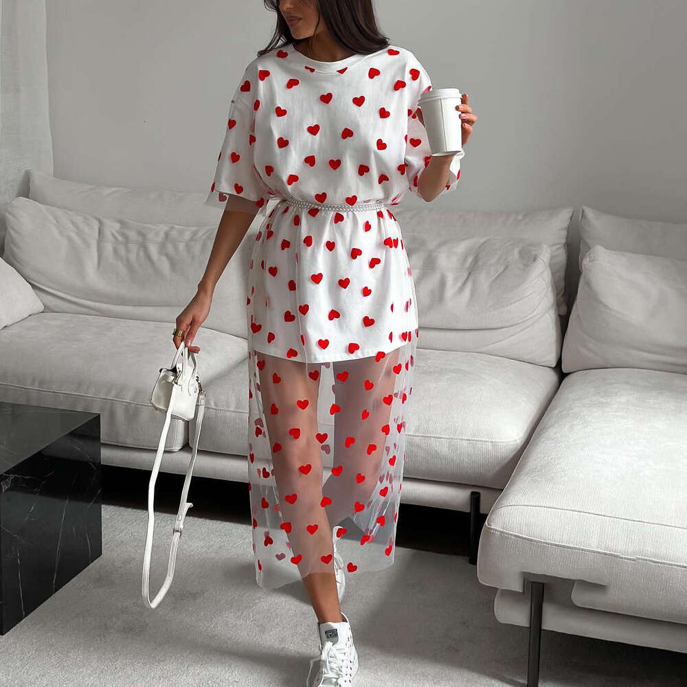 Hot Selling Heart Print Mesh Patchwork Solid Color For Women Spring Summer Breathable Thin Sexy Long Dress B5