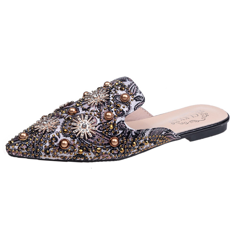 designer European Station 2025 Spring/Summer New Sexy Printed Rhinestone Studded Pearl Pointed Toe Closed-Toe Graffiti One-Word Slippers
