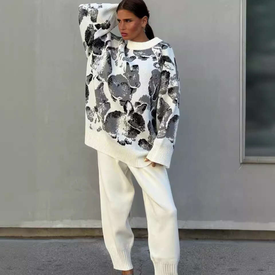 Loose Full Print Sleeve Sweater Women Straight Slim Long Casual Pants Women's Knit Set B5