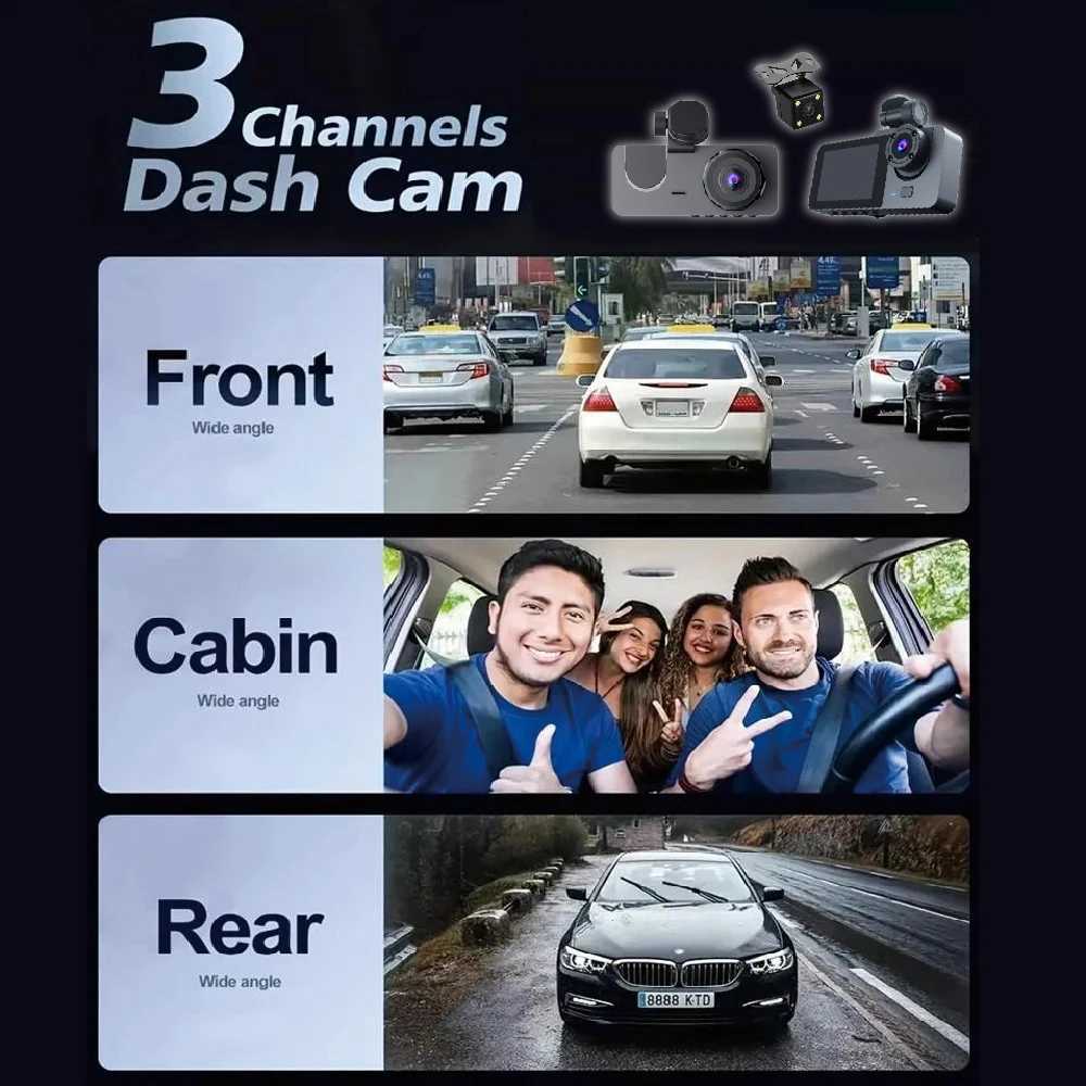 Car dvr 3Lens Car dvr HD 1080P Dash Cam Front Inside Rear Wide Angle Night Vision G-sensor Loop Recording Camera Vehicle Accessories R250529